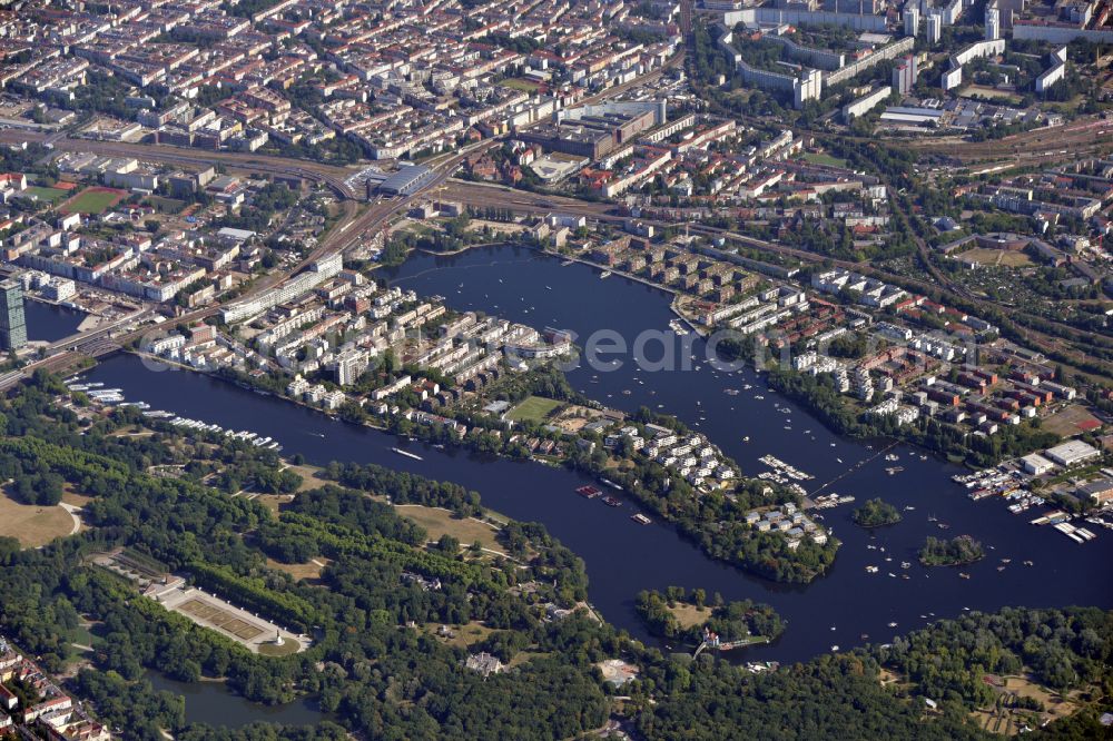 Berlin from above - City view on the river bank of Spree - island Stralau and lake Rummelsburger See in the district Friedrichshain in Berlin, Germany