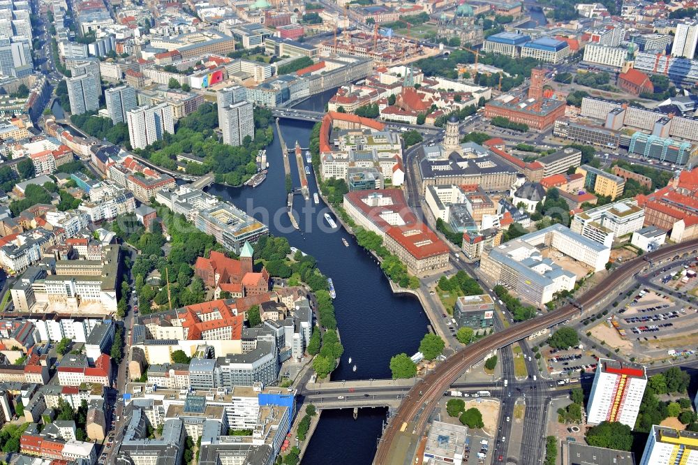 Berlin from the bird's eye view: City view on the river bank of Spree River on bridge Jannowitzbruecke in Berlin