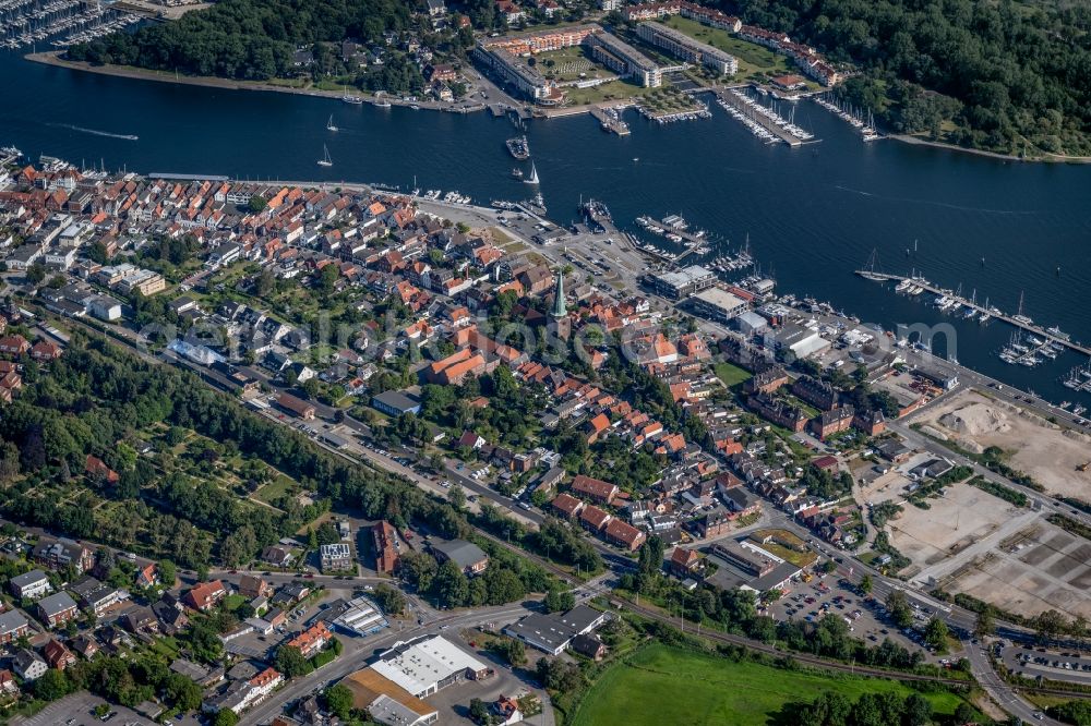 Travemünde from the bird's eye view: City view on the river bank of Trave in Travemuende in the state Schleswig-Holstein, Germany