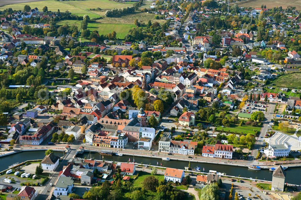 Ueckermünde from above - City view on the river bank of Uecker in Ueckermuende in the state Mecklenburg - Western Pomerania, Germany