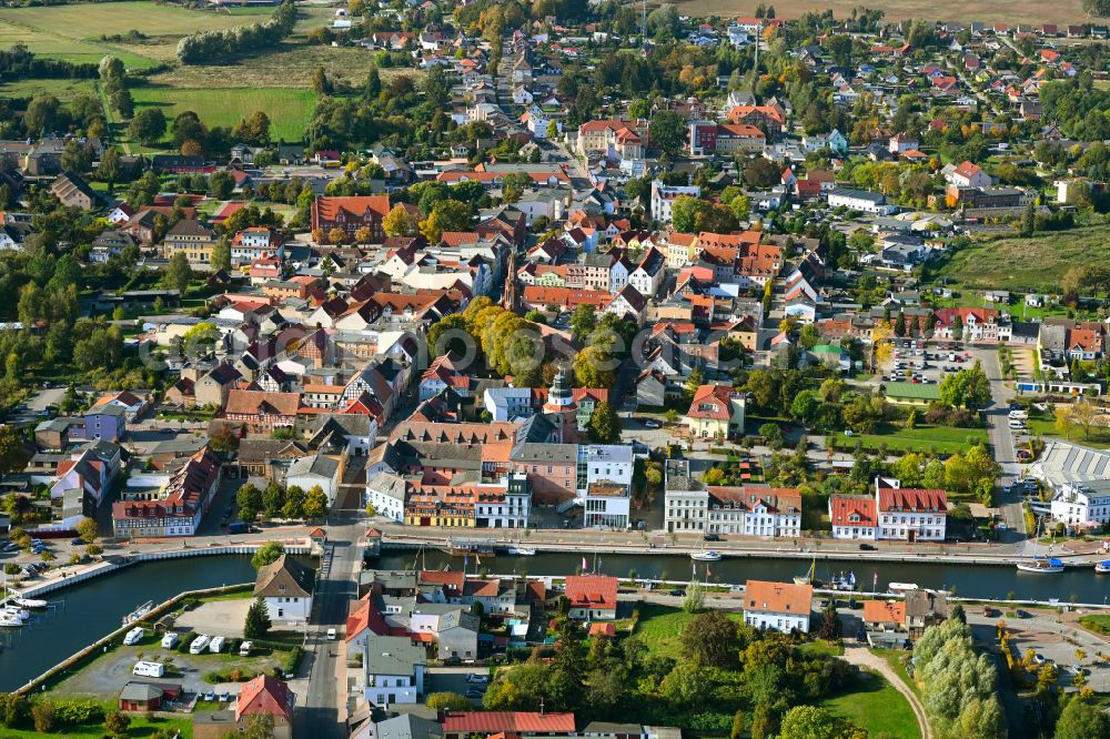 Ueckermünde from the bird's eye view: City view on the river bank of Uecker in Ueckermuende in the state Mecklenburg - Western Pomerania, Germany