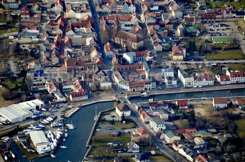 Ueckermünde from the bird's eye view: City view on the river bank in Ueckermuende in the state Mecklenburg - Western Pomerania, Germany