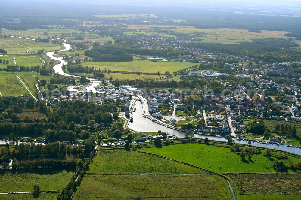 Ueckermünde from the bird's eye view: City view on the river bank in Ueckermuende in the state Mecklenburg - Western Pomerania, Germany