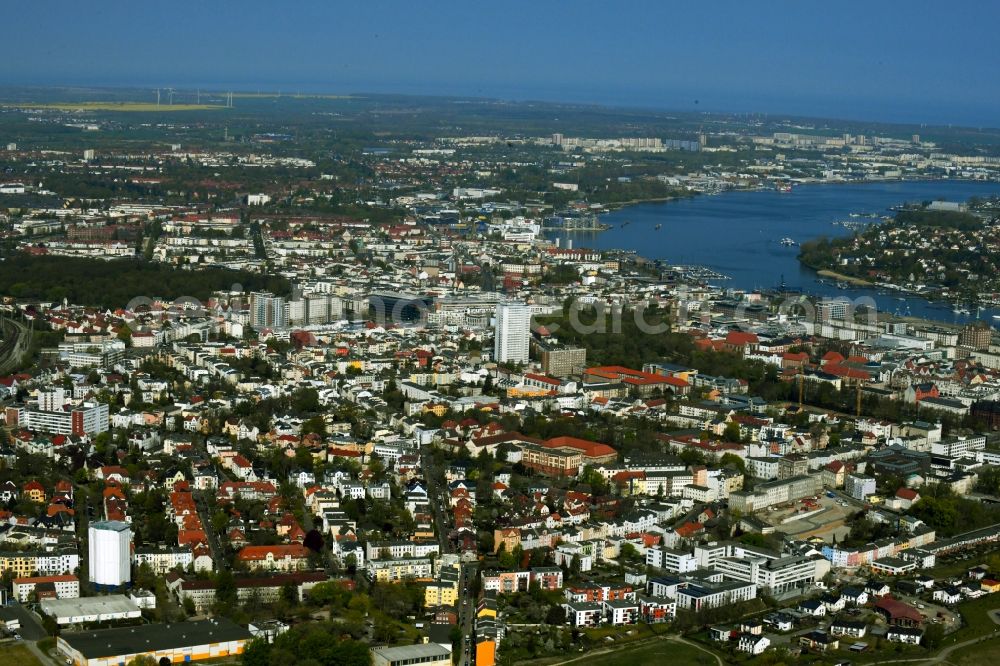 Aerial image Rostock - City view on the river bank of Warnow in Rostock in the state Mecklenburg - Western Pomerania, Germany