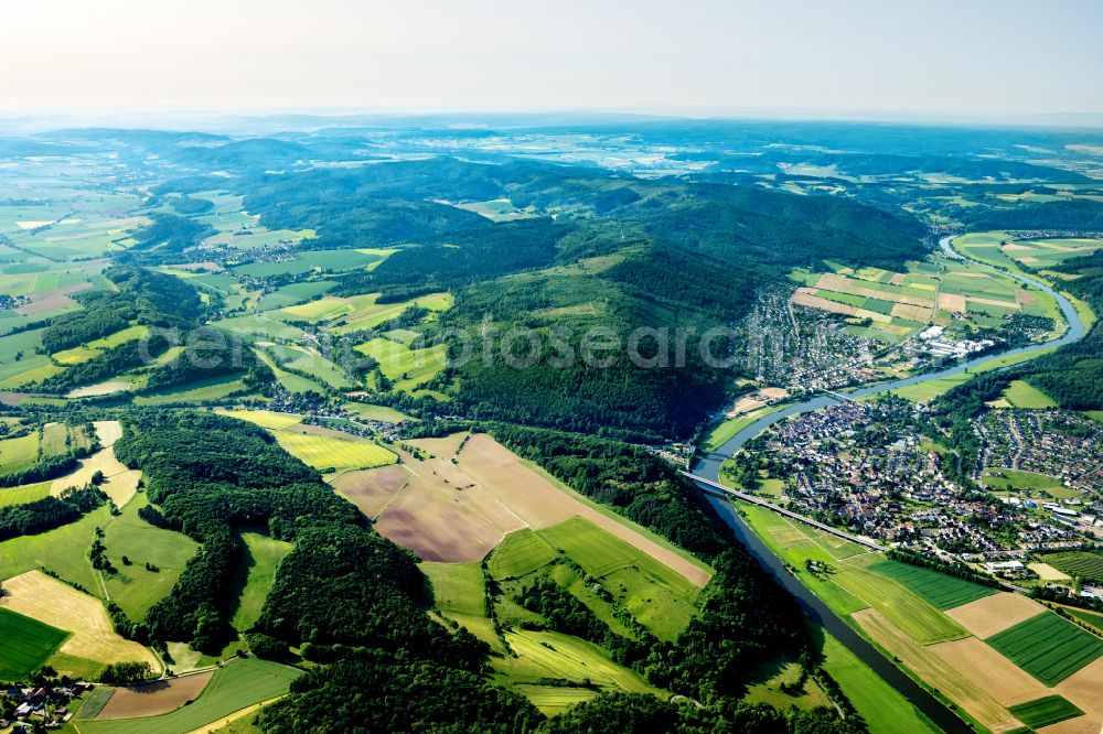 Bodenwerder from above - City view on the river bank of the Weser river in Bodenwerder in the state Lower Saxony, Germany