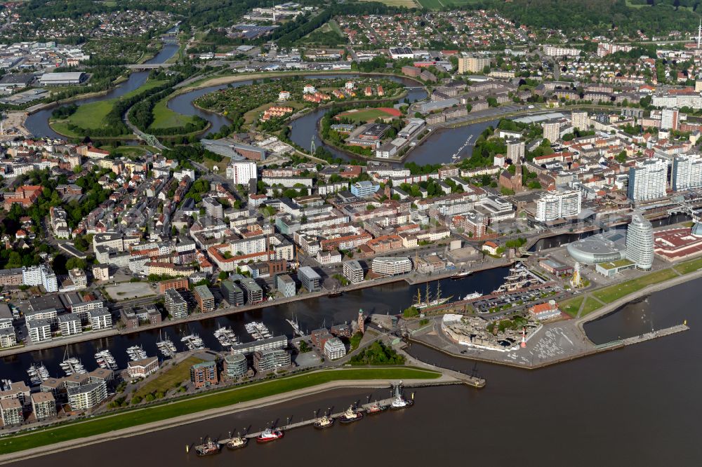 Bremerhaven from above - City view on the river bank of the Weser river in Bremerhaven in the state Bremen, Germany