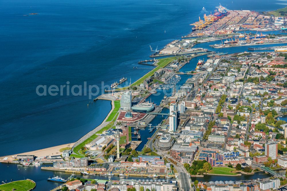 Bremerhaven from above - City view on the river bank of the Weser river in Bremerhaven in the state Bremen, Germany