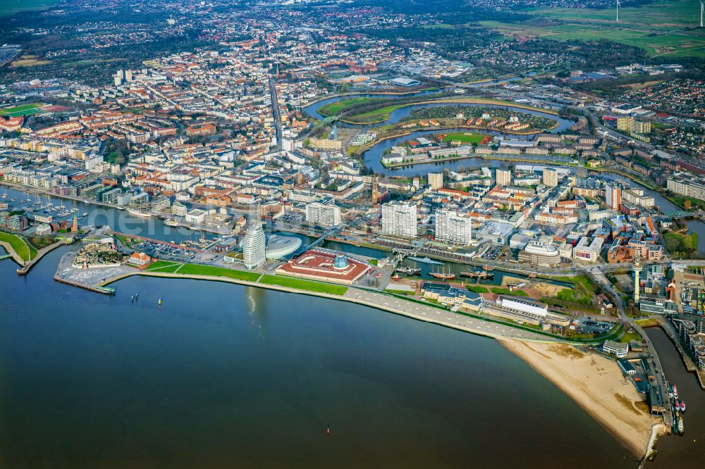 Bremerhaven from above - City view on the river bank of the Weser river in Bremerhaven in the state Bremen, Germany