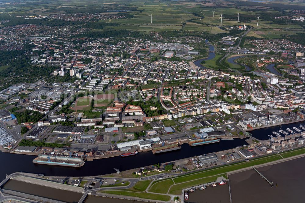 Bremerhaven from the bird's eye view: City view on the river bank of the Weser river with port in Bremerhaven in the state Bremen, Germany