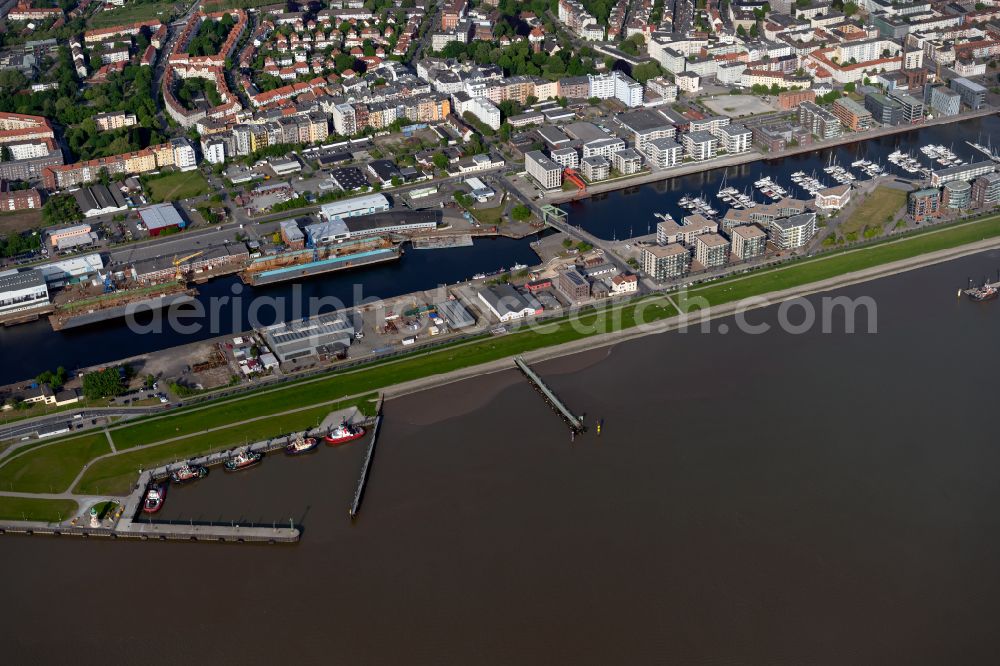 Bremerhaven from above - City view on the river bank of the Weser river with port in Bremerhaven in the state Bremen, Germany