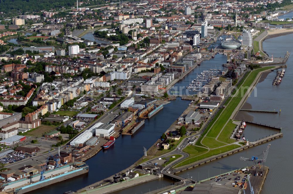 Aerial photograph Bremerhaven - City view on the river bank of the Weser river with port in Bremerhaven in the state Bremen, Germany