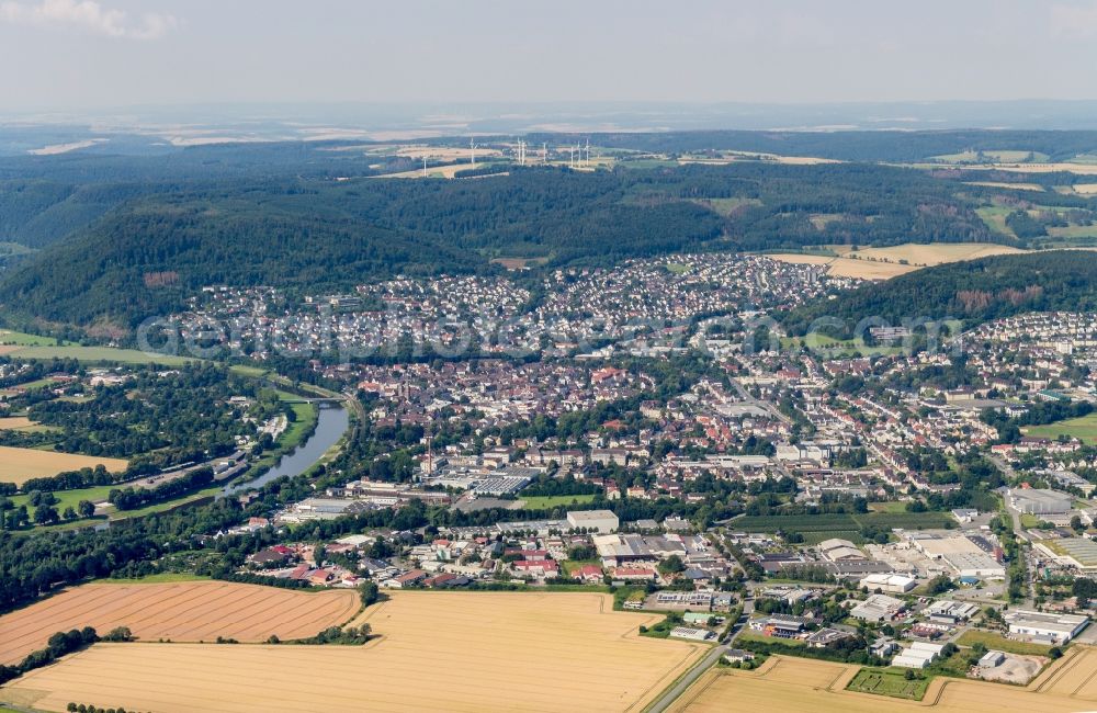 Höxter from above - City view on the river bank of the Weser river in Hoexter in the state North Rhine-Westphalia, Germany