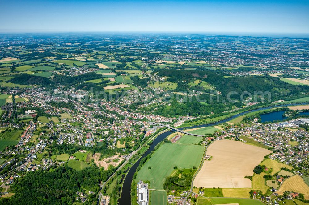 Vlotho from above - City view on the river bank Weser on street Weserstrasse in Vlotho in the state North Rhine-Westphalia, Germany