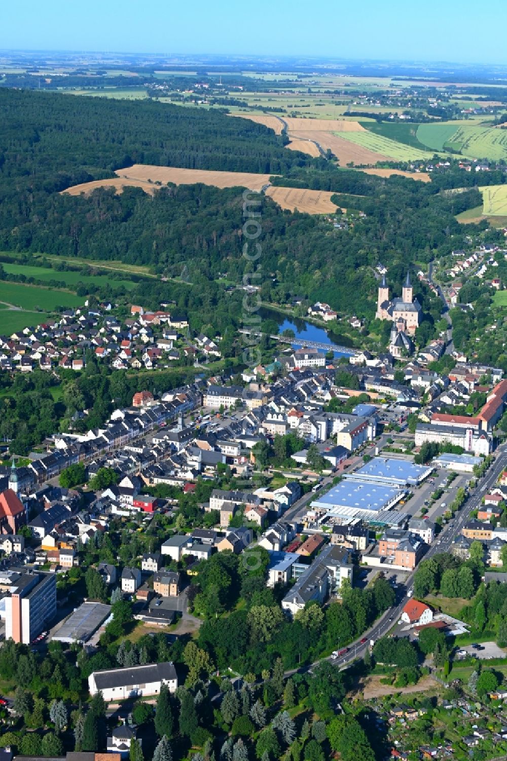 Aerial image Rochlitz - City view on the river bank Zwickauer Mulde in the district Zassnitz in Rochlitz in the state Saxony, Germany