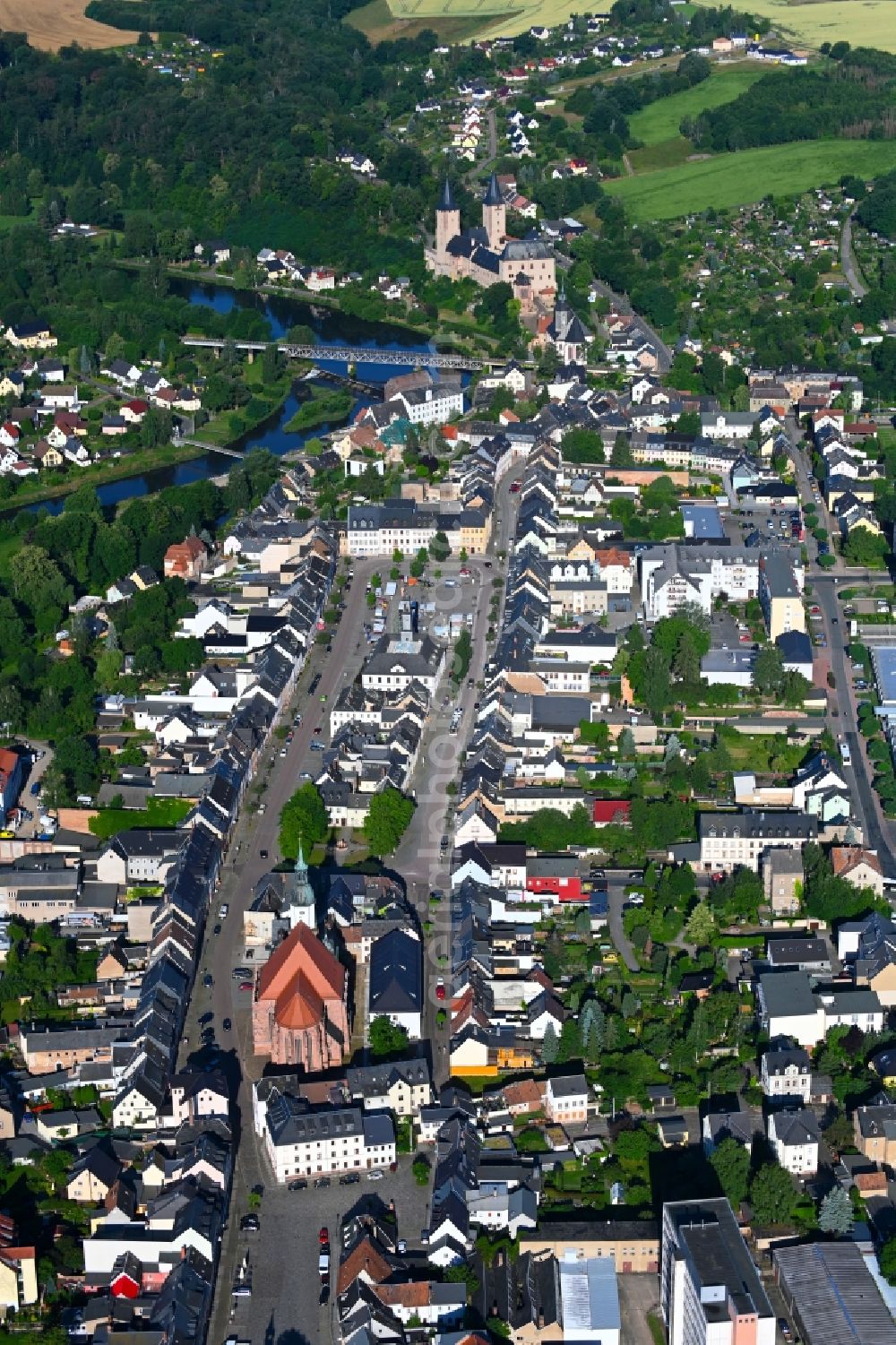 Rochlitz from above - City view on the river bank Zwickauer Mulde in the district Zassnitz in Rochlitz in the state Saxony, Germany