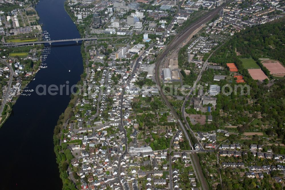 Koblenz OT Moselweiß from the bird's eye view: Cityscape on the banks of the Rhine course of Koblenz-Moselweiß in the state of Rhineland-Palatinate