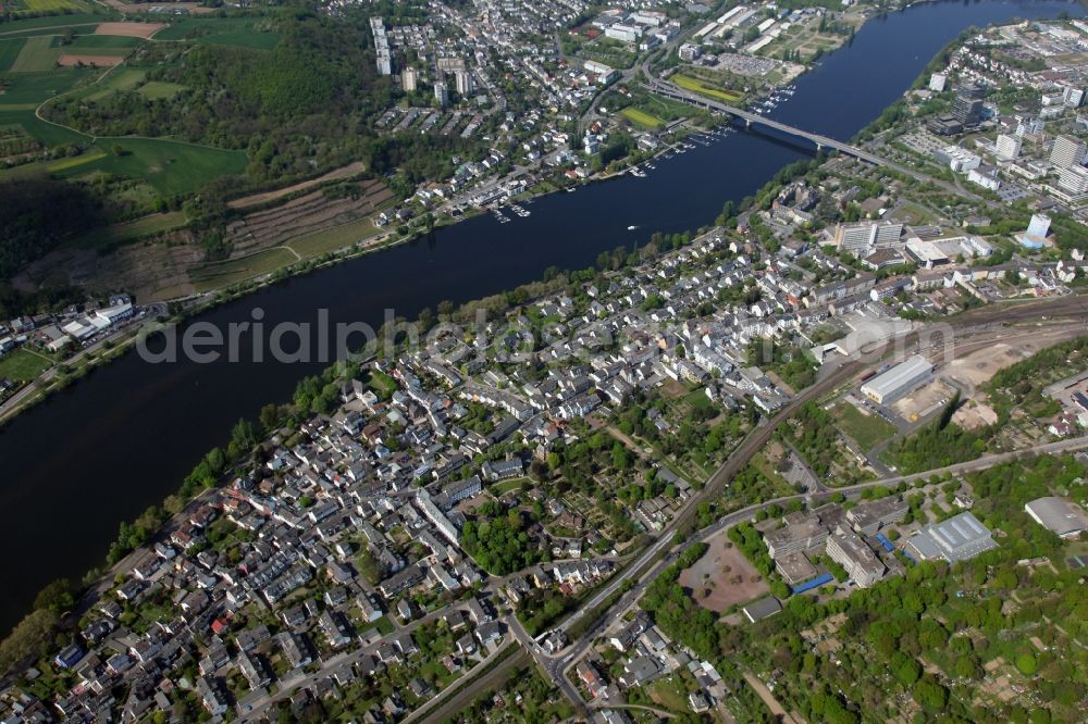 Aerial image Koblenz OT Moselweiß - Cityscape on the banks of the Rhine course of Koblenz-Moselweiß in the state of Rhineland-Palatinate