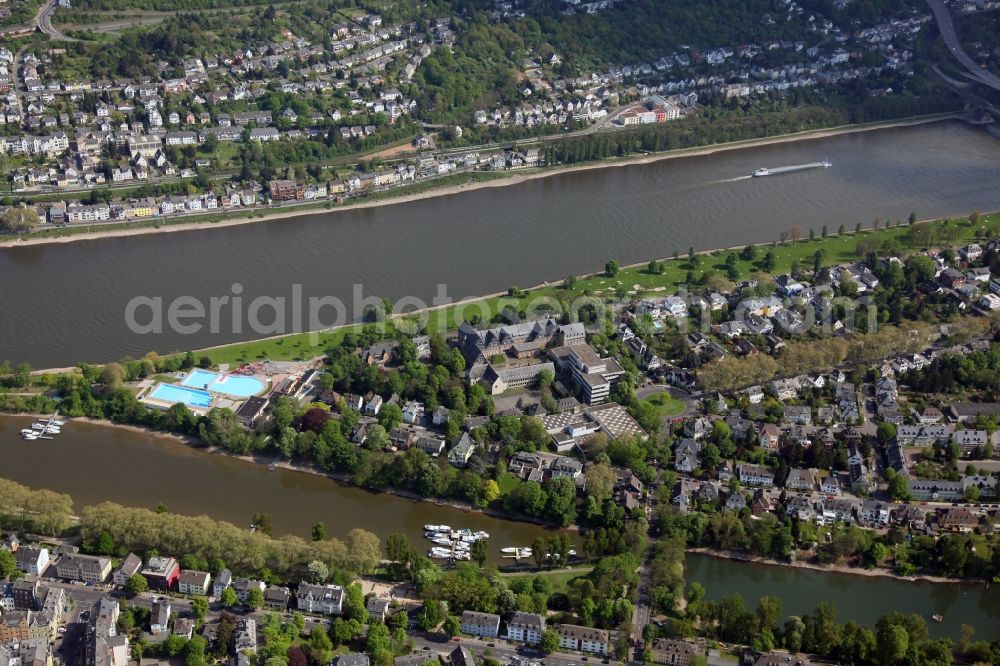 Koblenz OT Oberwerth from above - Cityscape on the banks of the Rhine course of Koblenz-Oberwerth in the state of Rhineland-Palatinate