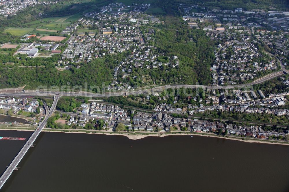 Koblenz OT Pfaffendorf from above - Cityscape on the banks of the Rhine course of Koblenz-Pfaffendorf in the state of Rhineland-Palatinate