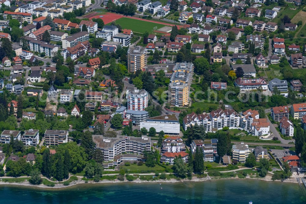 Überlingen from above - City view on the shore areas of Lake Constance on Sankt-Ulrich-Strasse in Ueberlingen on Lake Constance in the state Baden-Wuerttemberg, Germany