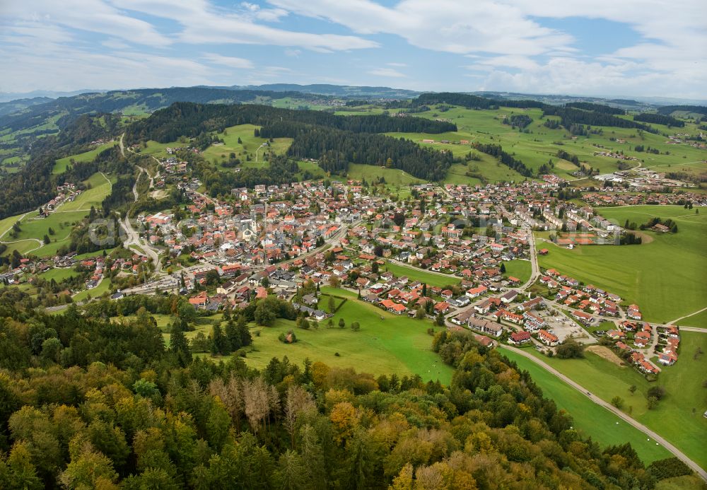 Aerial image Oberstaufen - City view of the inner city area in the valley surrounded by mountains in Oberstaufen Allgaeu in the state Bavaria, Germany