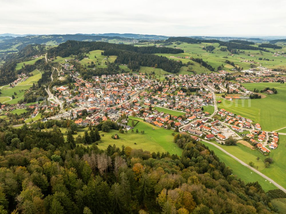 Aerial image Oberstaufen - City view of the inner city area in the valley surrounded by mountains in Oberstaufen Allgaeu in the state Bavaria, Germany