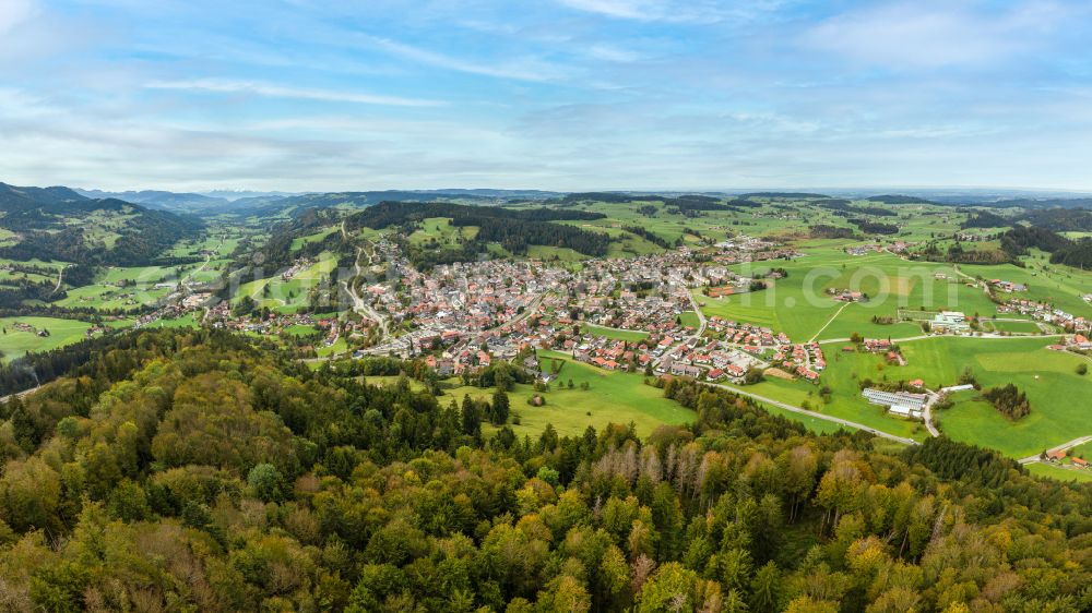 Aerial image Oberstaufen - City view of the inner city area in the valley surrounded by mountains in Oberstaufen Allgaeu in the state Bavaria, Germany