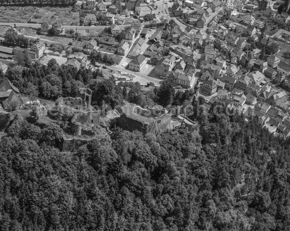 Schramberg from above - City view of the inner city area in the valley surrounded by mountains in Schramberg at Schwarzwald in the state Baden-Wuerttemberg, Germany