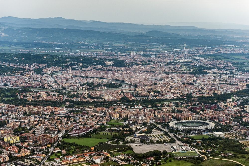 Aerial photograph Verona - City view of Verona in the region Veneto in Italy. On the right side the roman amphitheater Verona Arena is visible. The Adige flows through the city