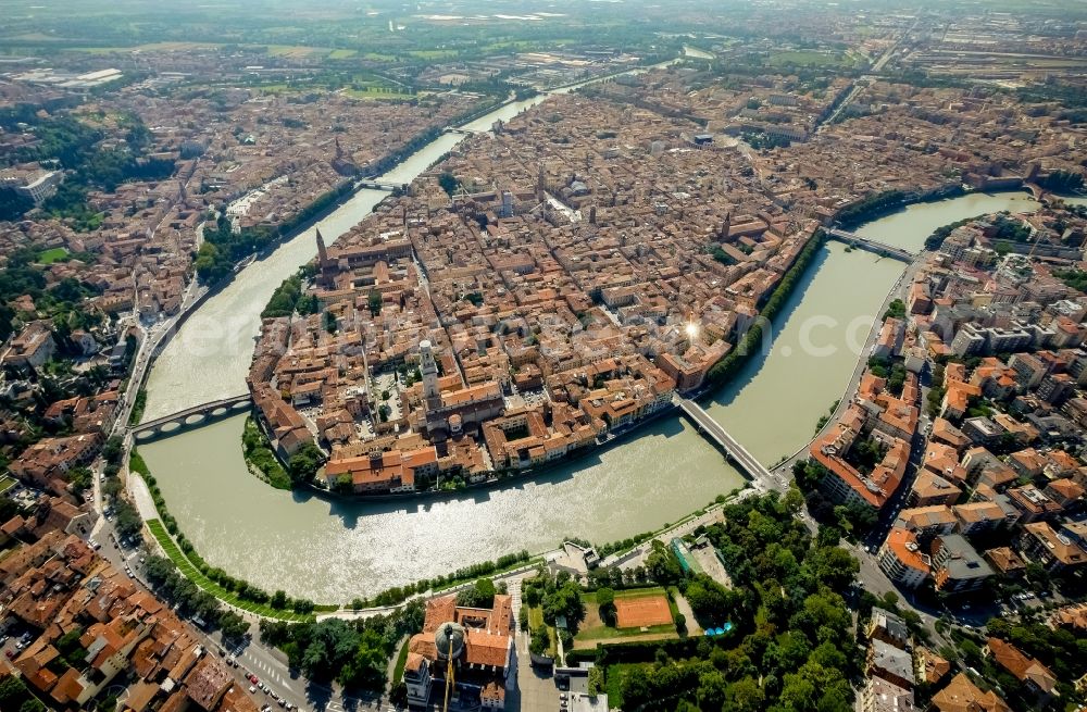 Aerial image Verona - City view of Verona in the region Veneto in Italy. The Adige flows through the city