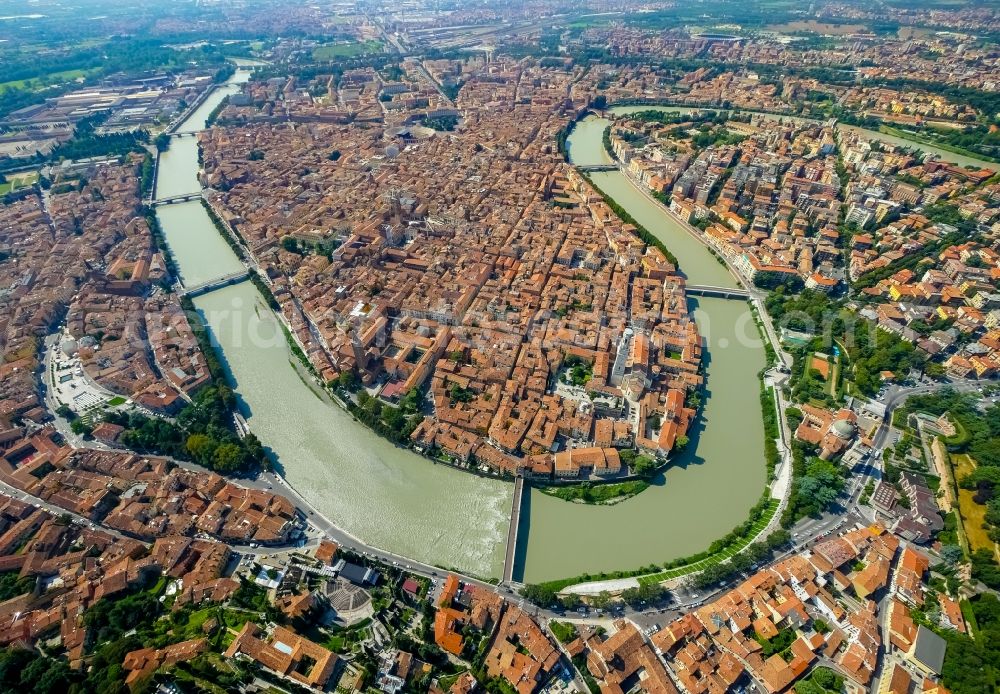 Verona from above - City view of Verona in the region Veneto in Italy. The Adige flows through the city