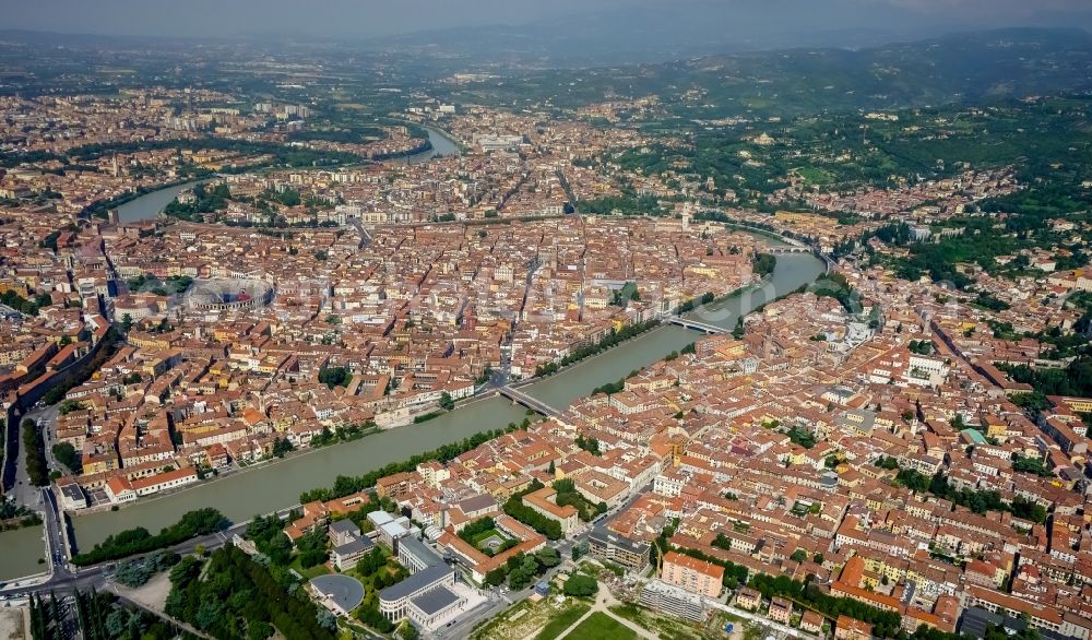 Aerial image Verona - City view of Verona in the region Veneto in Italy. The Adige flows through the city