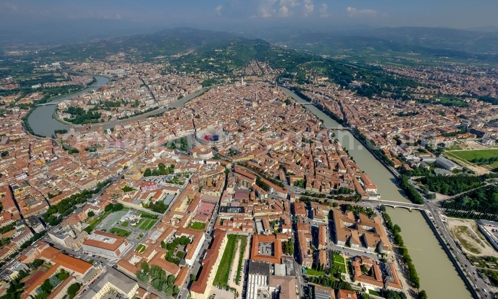 Verona from the bird's eye view: City view of Verona in the region Veneto in Italy. The Adige flows through the city