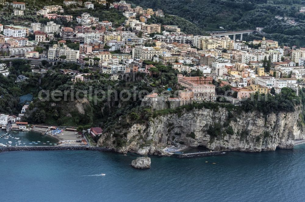 Vico Equense from the bird's eye view: Cityscape Vico Equense with beach and cliffs on Mediterranean Sea in Italy