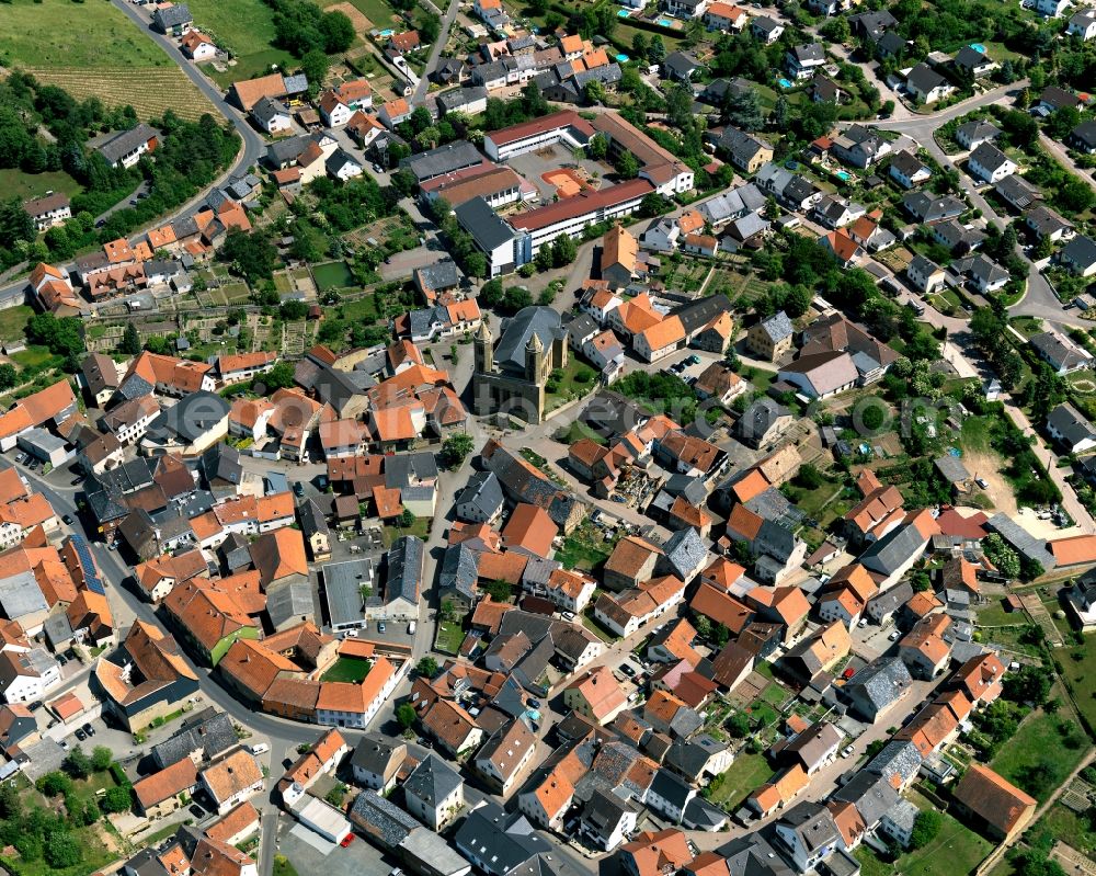 Waldböckelheim from above - Cityscape of Waldboeckelheim in Rhineland-Palatinate. In the middle you can see the built in Romanesque style Catholic church of St. Bartholomew