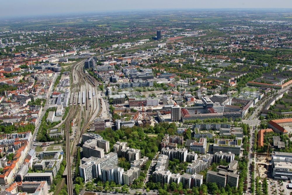 München from the bird's eye view: City view with construction site Werkviertel at Ostbahnhof in the district Berg am Laim in Munich in the state Bavaria, Germany