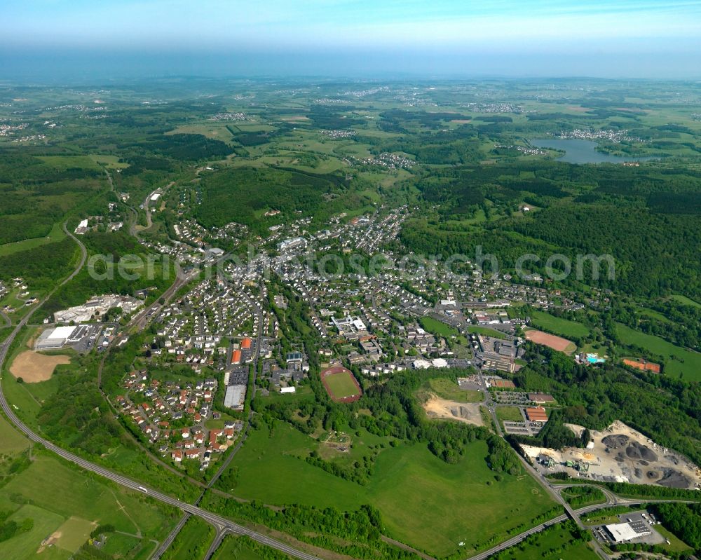 Westerburg from the bird's eye view: View of the town of Westerburg in the state of Rhineland-Palatinate. The town is an official tourist resort in the Westerwald region and county district. It is surrounded by industrial areas, agricultural fields and meadows