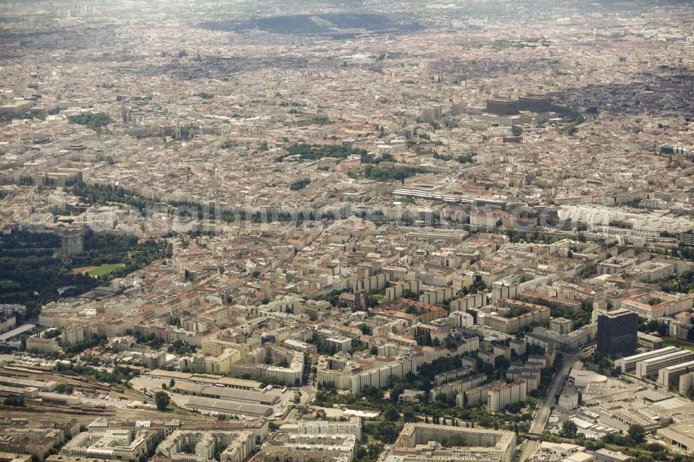 Wien from above - View of the city of Vienna in Austria. View from the 20th district of Vienna Brigittenau and towards the 9th district Alsergrund with the two bed towers of the General Hospital and University Campus