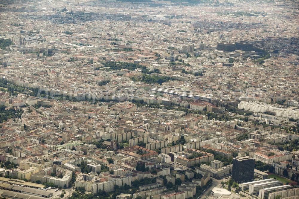 Wien from above - View of the city of Vienna in Austria. View from the 20th district of Vienna Brigittenau and towards the 9th district Alsergrund with the two bed towers of the General Hospital and University Campus