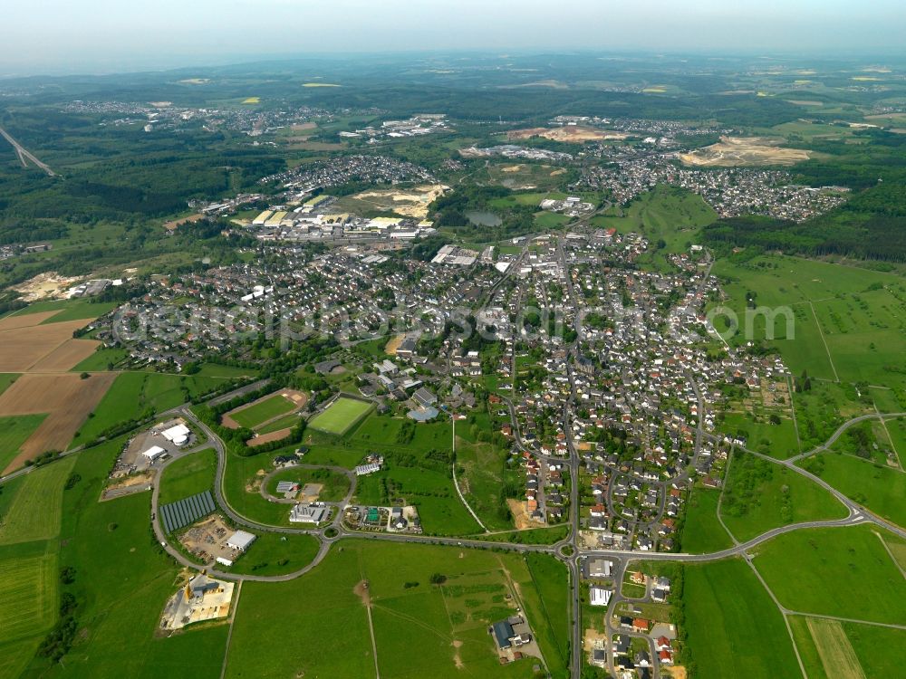 Wirges from above - View of the town of Wirges in the state of Rhineland-Palatinate. The town is located in the county district of Westerwaldkreis and is an official tourist resort