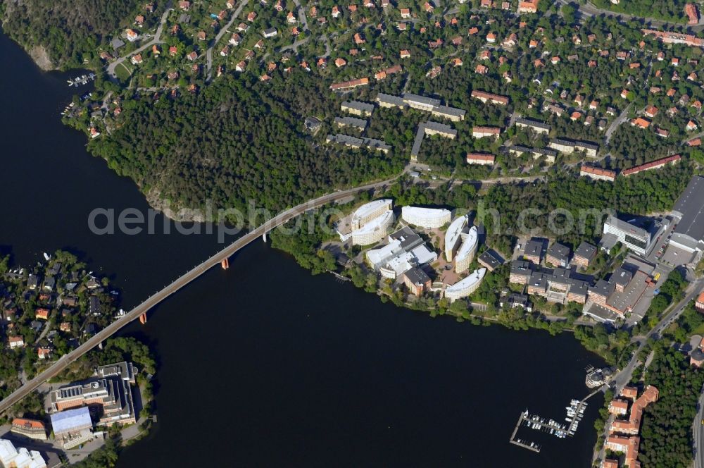 Aerial image Stockholm - Cityscape with the residential areas in the district Appelviken in Stockholm, capital of Sweden. In view of the complex of the hotel and conference center Alviks beach Kontorshotell AB and the company Capgemini AB