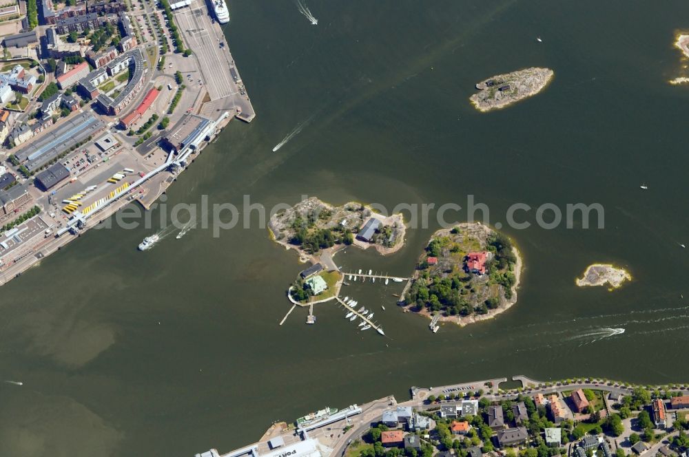 Aerial image Helsinki - Cityscape with the residential areas in the district Kaivopuisto with the islands Luoto and Valkosaan in Helsinki, capital of Finland