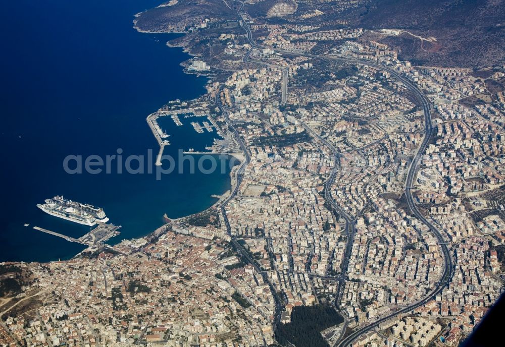 Kusadasi from the bird's eye view: City view from the center of Kusadasi a district town on Turkey's Aegean coast in the province of Ayd?n. Kusadasi is now a popular destination for local and foreign tourists. It has next to a large marina and a port for cargo and cruise ships