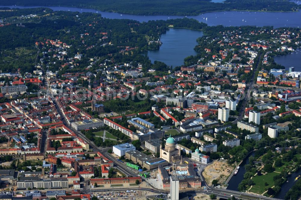 Potsdam from the bird's eye view: City view from the center with the construction of the City Palace in Potsdam and Brandenburg state parliament in Brandenburg