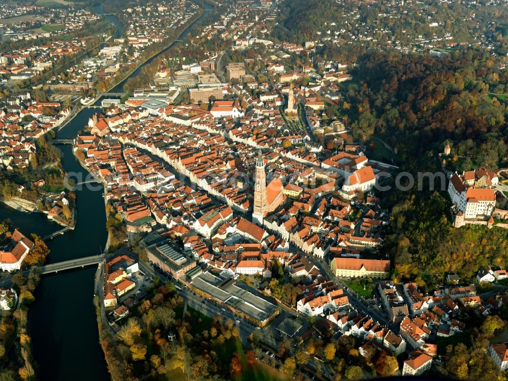 Landshut from the bird's eye view: City view from the center of the city of Landshut in Bavaria