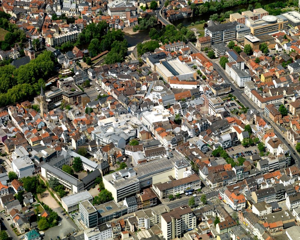 Bad Kreuznach from above - View of Bad Kreuznach in the state of Rhineland-Palatinate. Bad Kreuznach is a spa town and county capital and is located on the rivers Nahe and Ellerbach. Apart from historic buildings and parts of the town, there are also several residential areas with multi-family homes and estates