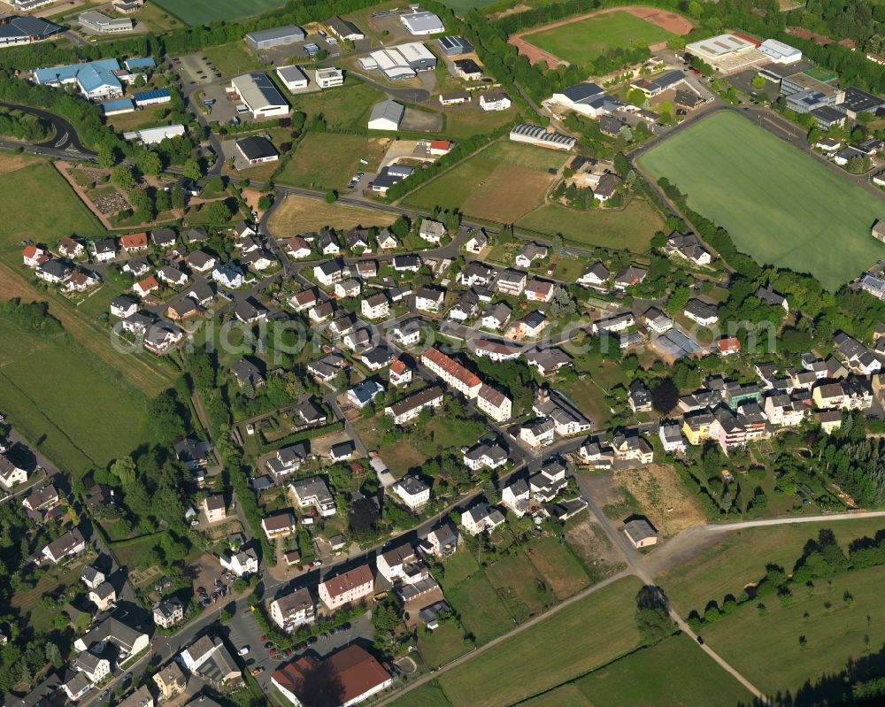 Aerial image Katzenelnbogen - View of the town centre of Katzenelnbogen in the state of Rhineland-Palatinate. The small town is an official tourist resort in the county district of Rhine-Lahn. It is located in the Einrich region on Nature Park Nassau