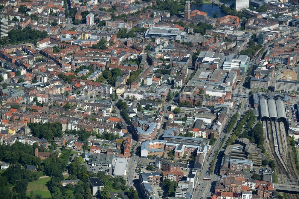 Aerial photograph Kiel - View of the city centre of Kiel in the state of Schleswig-Holstein. View of the downtown area from the South, the main station is located on the right