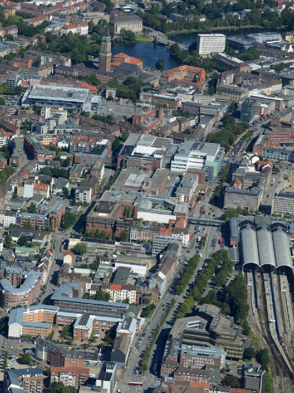 Kiel from above - View of the city centre of Kiel in the state of Schleswig-Holstein. View of the downtown area from the South, the main station is located on the right