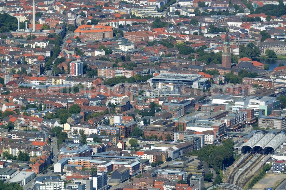 Aerial image Kiel - View of the city centre of Kiel in the state of Schleswig-Holstein. View of the downtown area from the South, the main station is located on the right